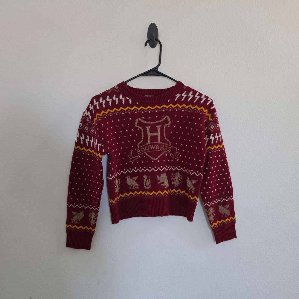 Harry Potter Hogwarts Crest Kids Holiday Sweater Burgundy Gold L 10/12